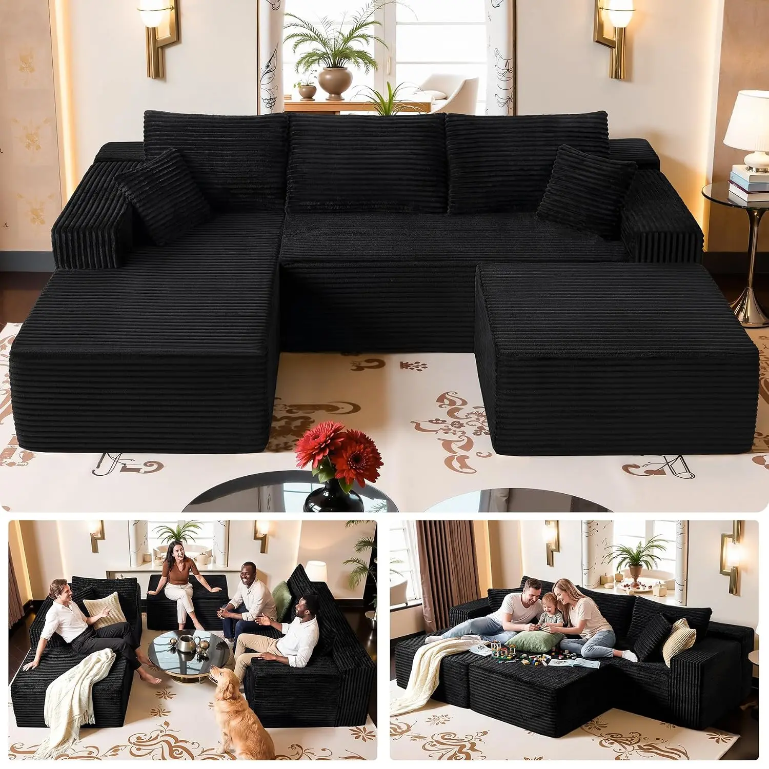 U Shaped Sectional Sofa with Ottoman, 108" Modular Couch, Deep Seat Corduroy Loveseat for Living Room, No Assembly, Customized