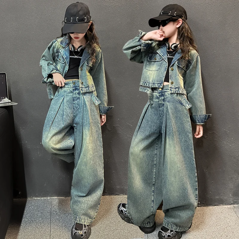 

Youth girl denim suit short Blazer denim jacket+wide leg pants 2pcs junior kid jeans suit child outfits teen clothes set 120-170