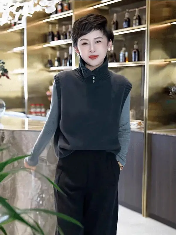 Stylish Grey High Collar Knitted Vest Women's Fashion Ageless Outerwear Top Trendy Layering Commute Style Regular Fit Single ...