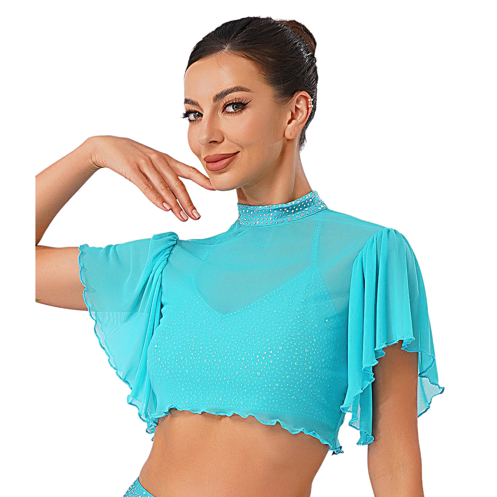 Cardigan court de danse latine lyrique pour femmes, strass brillants, manches courtes, dos ouvert, haut pour spectacle de danse moderne de Ballet