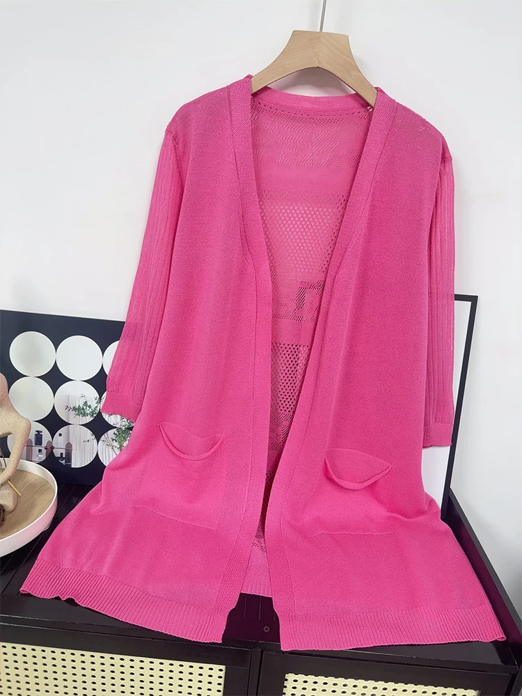 High Quality Ice Silk Medium Length Knitted Cardigan for Women's Summer Outerwear Shawl Loose Sun Protection Jacket Top