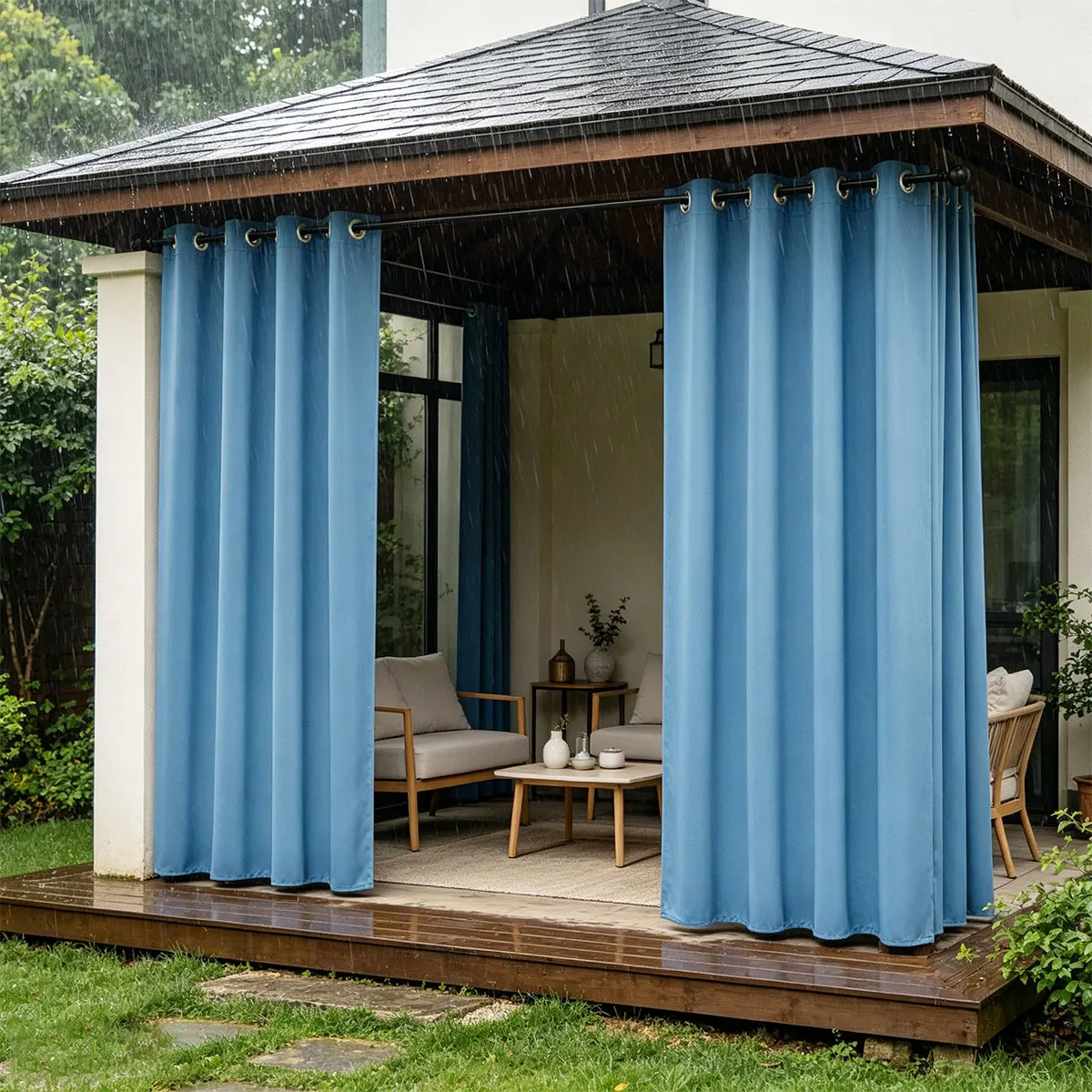 Lake Blue High Density Waterproof Grommet Medium Shading Curtain Panels, Water Repellent Outdoor Drapes for Patio Porch