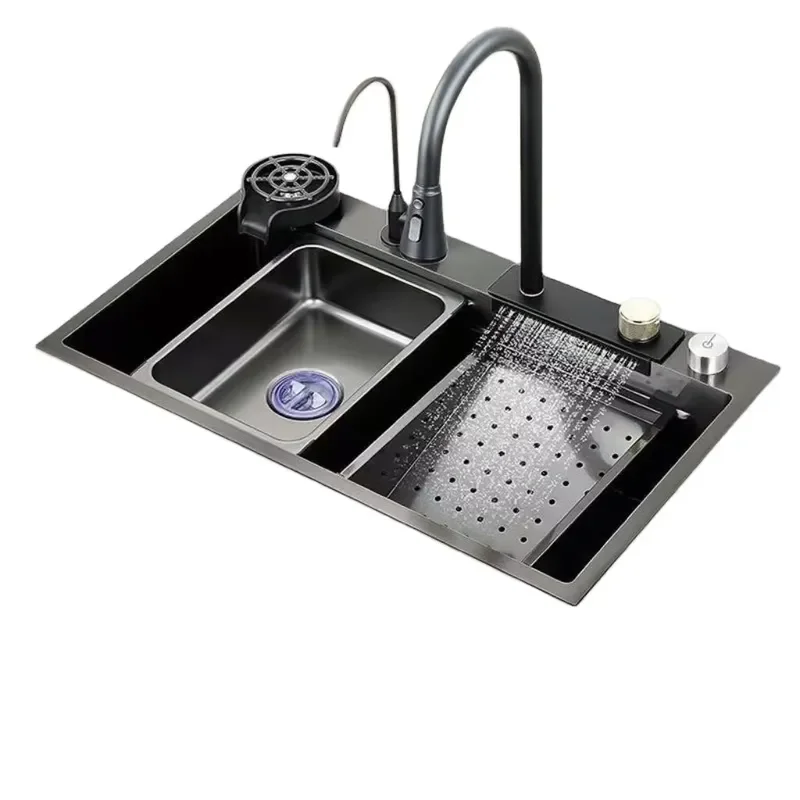 304 Stainless Steel Single Bowl Kitchen Sink Integrated Waterfall Rainy Function Large Vegetable Washing Basin with Drain