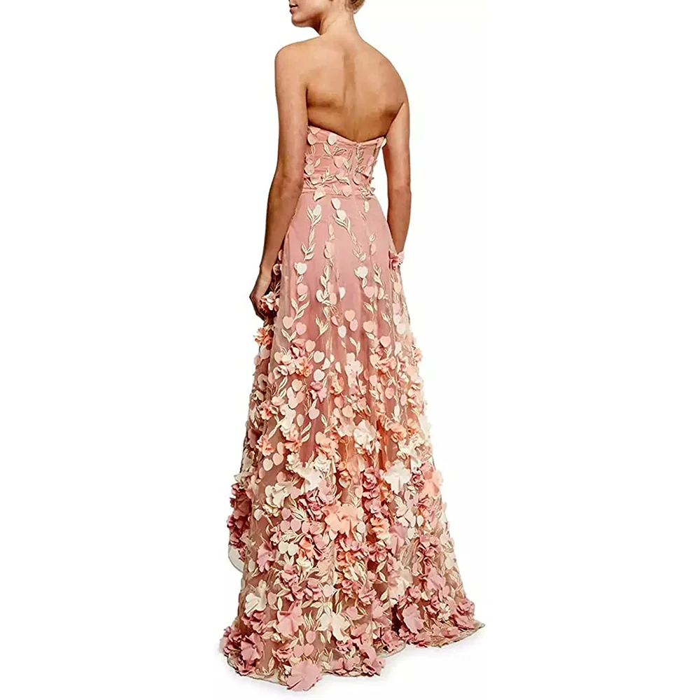 Chique Bloemen Avondjurken Mode Strapless Mouwloos 3D Bloemen A-lijn Jurken Elegante Vloerlengte Dames Feest Galajurken