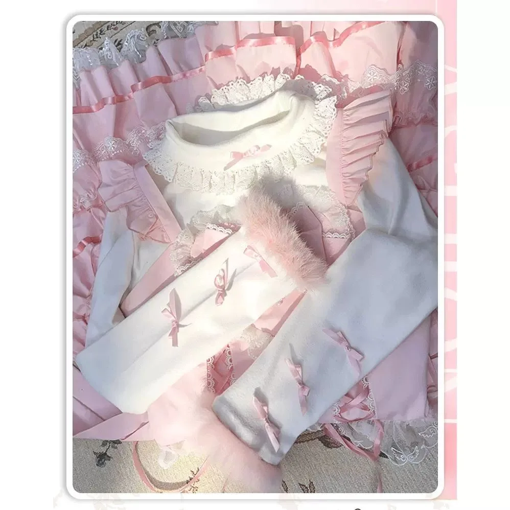 Japanese Style Original Autumn Winter New Fleece Lolita Thickened Warm Inner Top Sweet Cute Versatile  Base Shirt for Women