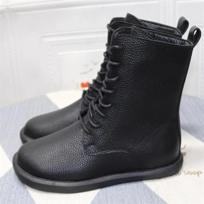 Women Fashion Genuine Leather Winter Mid-calf Boots Women Lacing Leather Boots Size 35-41 English ankle boots