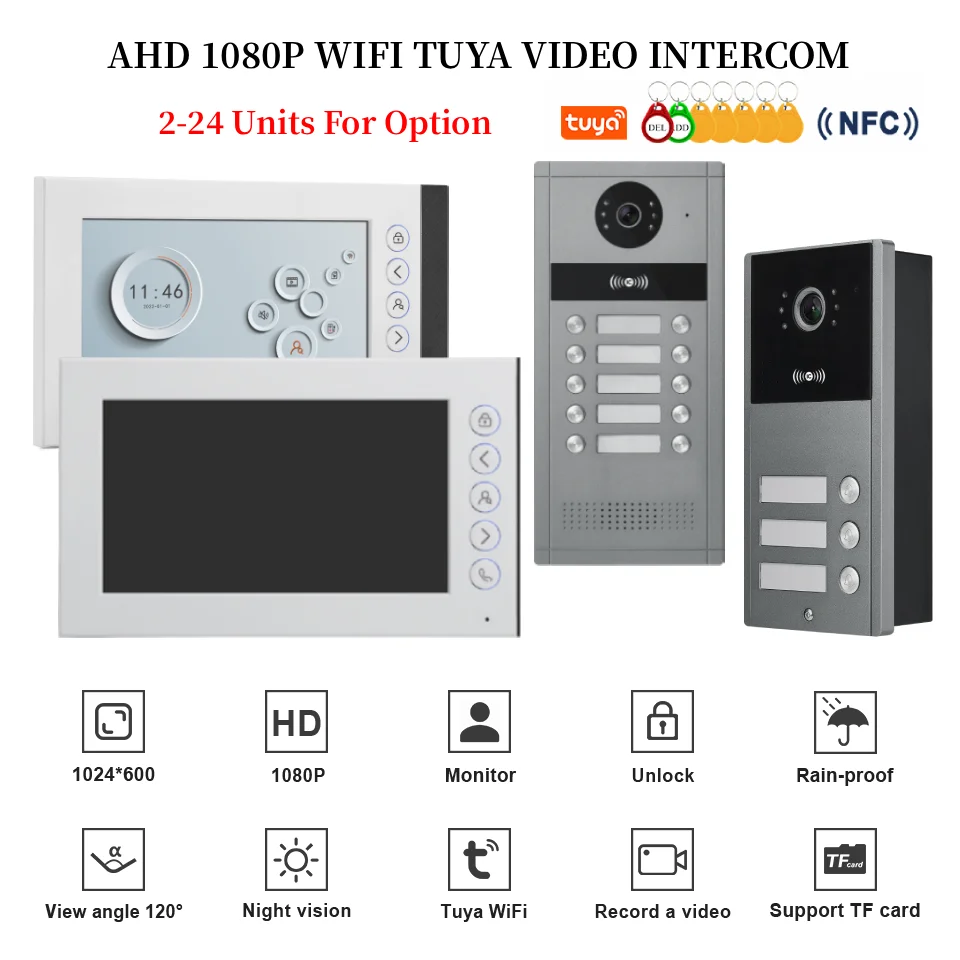 

2-24 Units Tuya Smart Video Doorbell System NFC Unlock AHD 1080P Video Door Phone 2.4G/5G WIFI Building Video Intercom Kits