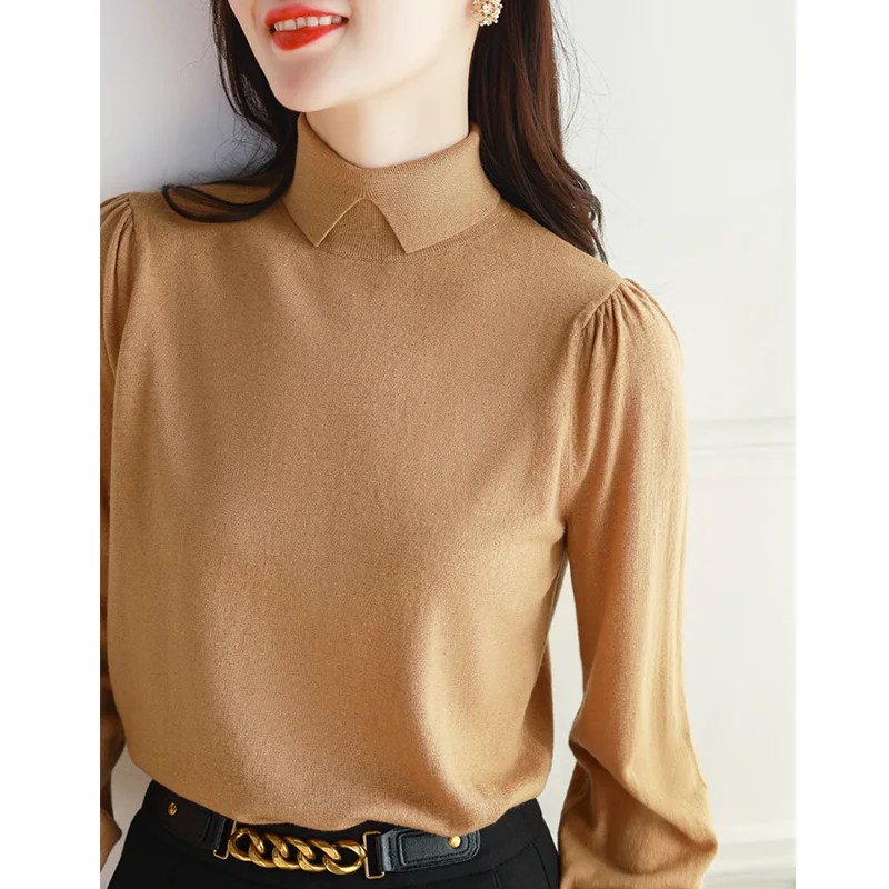 

Женский вязаный топ Camere с рукавами-фонариками, отложным воротником, длинными рукавами, стандартного кроя, однотонный, для повседневной носки