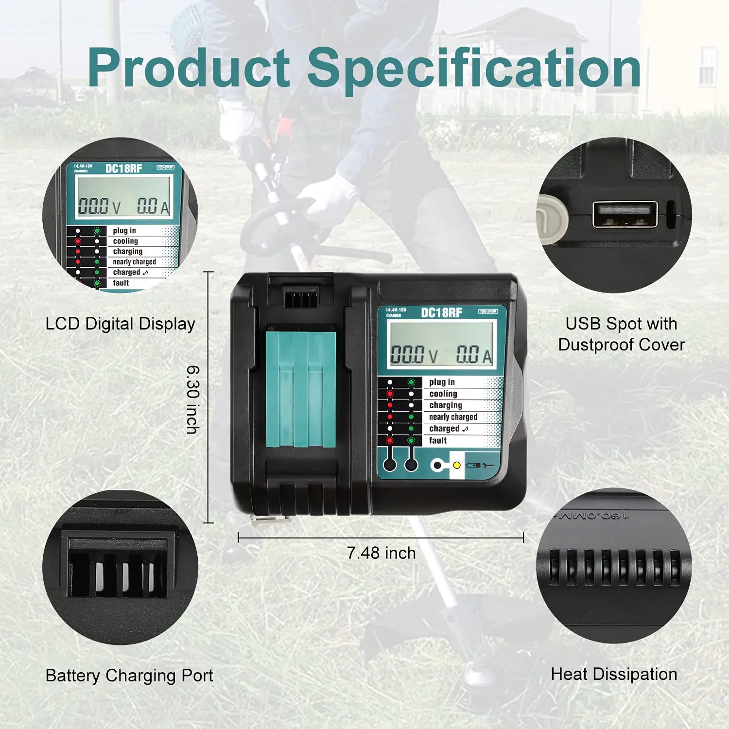 Newest DC18RF Li-ion Super Fast Charger for Makita 14.4V-18V Lithium Battery BL1860B,BL1830,,BL1415 with LED Screen, USB Port view 4