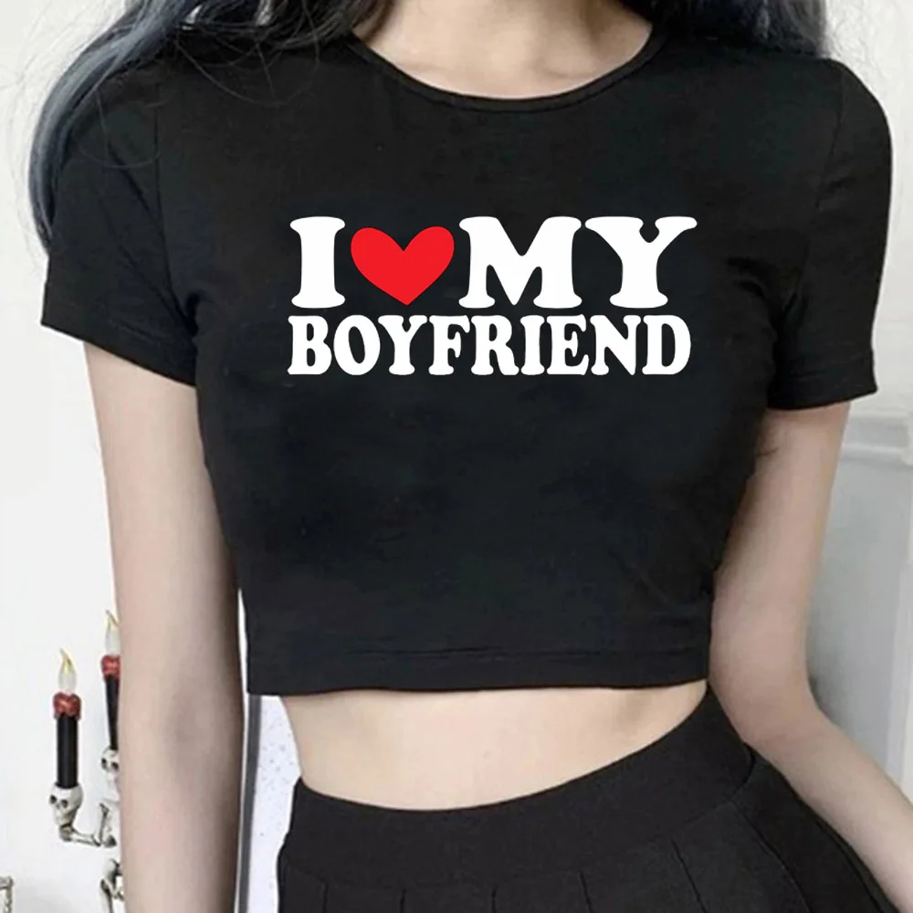 I Love My Boyfriend Print T-Shirt Women Casual Crew Neck Short Sleeve I Love My Girlfriend Crop Top for Summer Women's Clothing