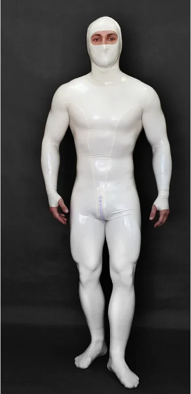 Traje de látex blanco de cuerpo completo hecho a mano para hombre, con entrada para los ojos, estilo de medio guante con anillo para el dedo y cremallera en la entrepierna, para cosplay.