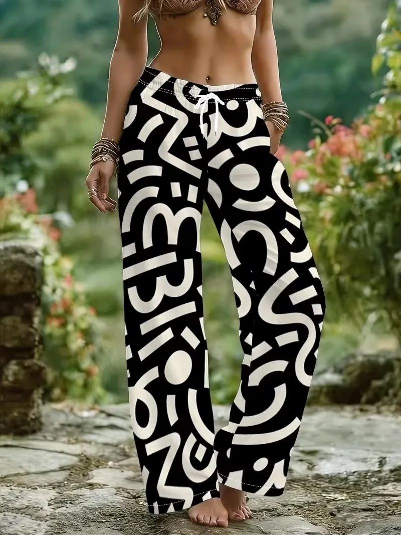 Retro Ethnic Style 3D Print Women's Wide-leg Pants Drawstring Relaxed-Fit Casual Comfortable Breathable Fashion Wide-Leg Pants