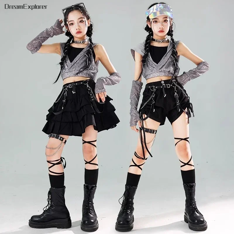 Meisjes K-Pop Lovertjes Crop Hoodies Streetdance Short Pu Lederen Cargo Broek Kids Hiphop Jazz Rokken Kleding Set Kinderkleding