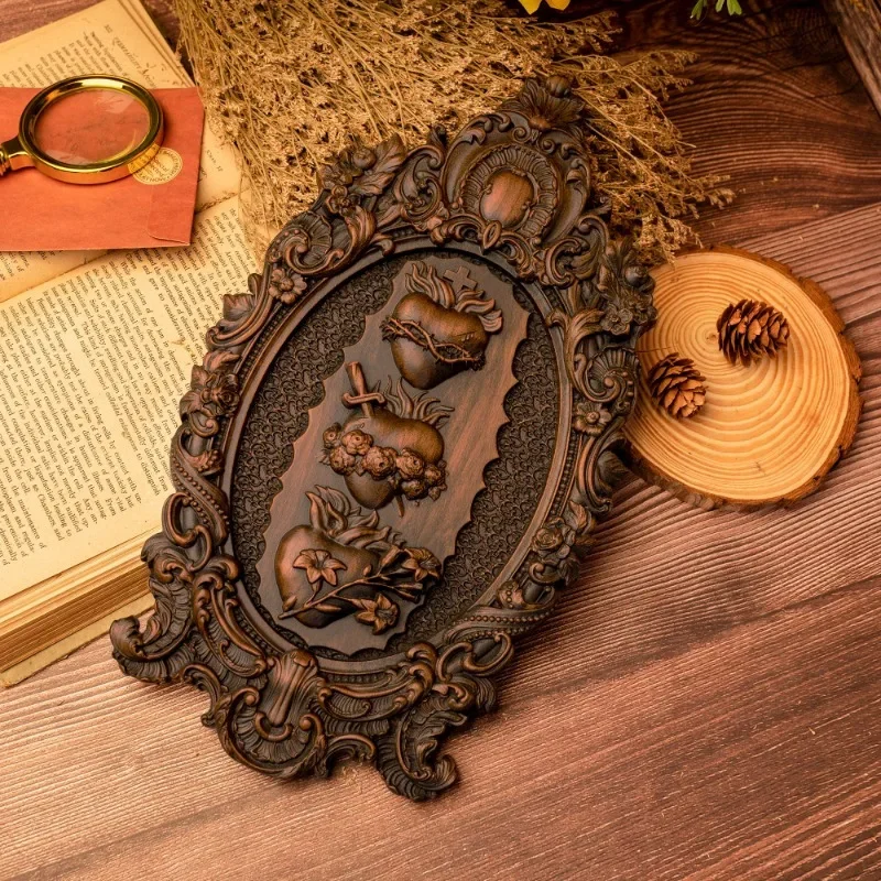 High Quality Religious Jesus Catholic Christ Sacred Immaculate Heart Wall Wood Carving Wall Hanging Decor