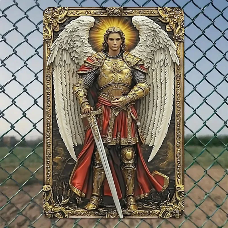 Room Decor Archangel Michael Iron Wall Art, Vintage-Inspired Metal Sign, Religious Decorative Plaque for Home, Office, Cafe, Bar