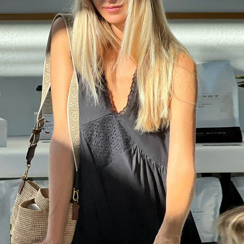 Vestidos Mujer Sexy Deep V Neck Hollow Boho Dress Woman Elegant Embroidered Lace Loose Long Dress Sleeveless Tank Summer Dresses