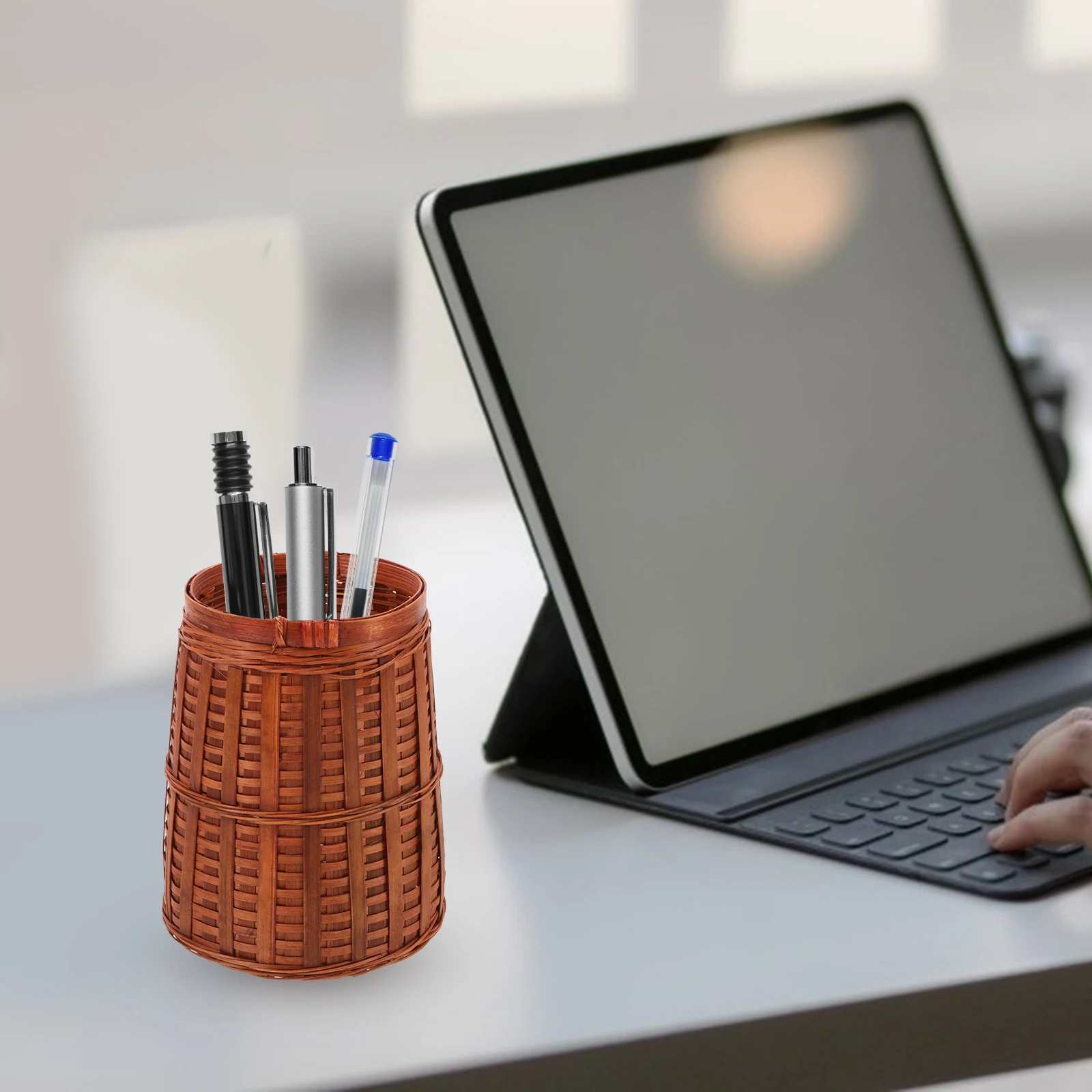 

Bamboo Pen Holder for Desk Men Desktop Organizer Multifunction Storage Cup Light Brown Office