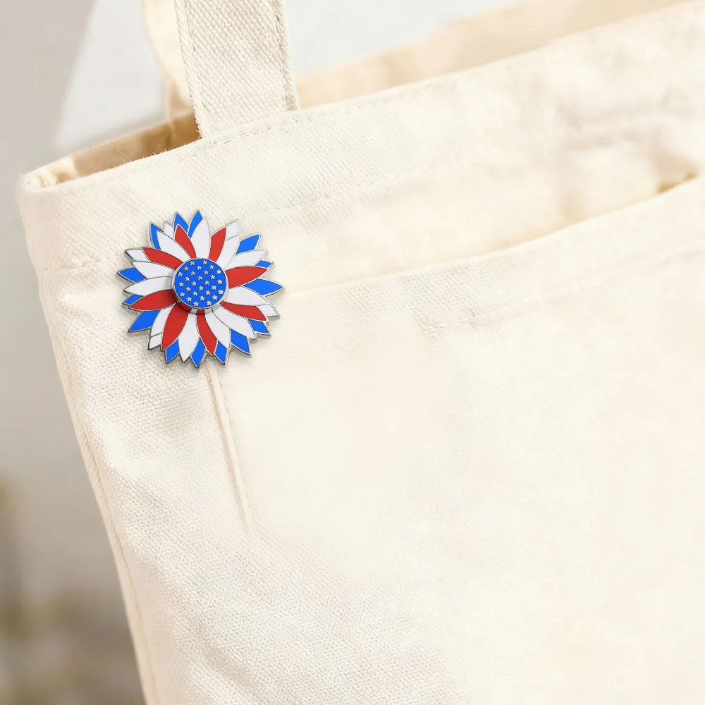 Amerikanische Flagge, Sonnenblumen-Brosche, rot-weiß-blauer Stern, Flaggen-Metallabzeichen, drehbare Blumen-Emaille-Pin, patriotische Dekorationen – Detail 7