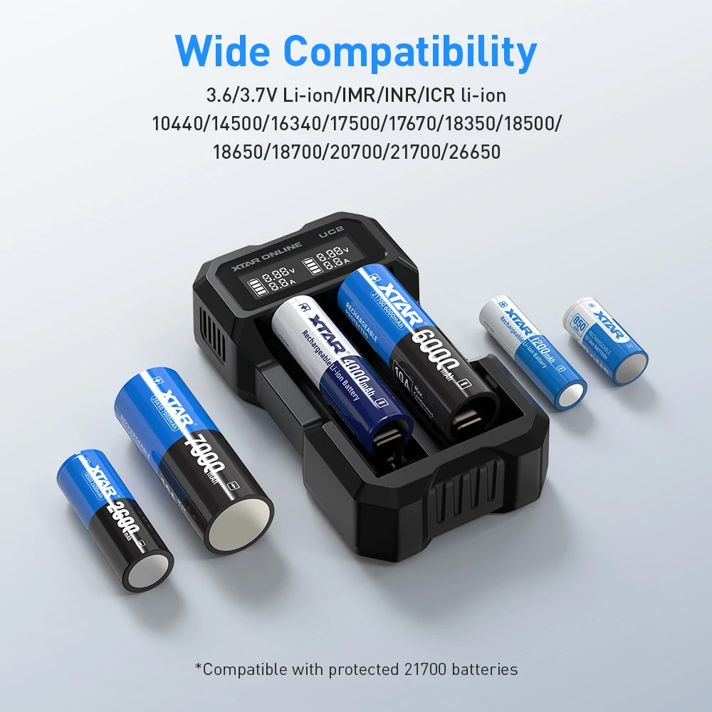 XTAR UC2 Smart Charger 2 Slots for 18650 21700 Li-ion Battery LCD Screen 1A Output Type-C Port Multi-Protection
