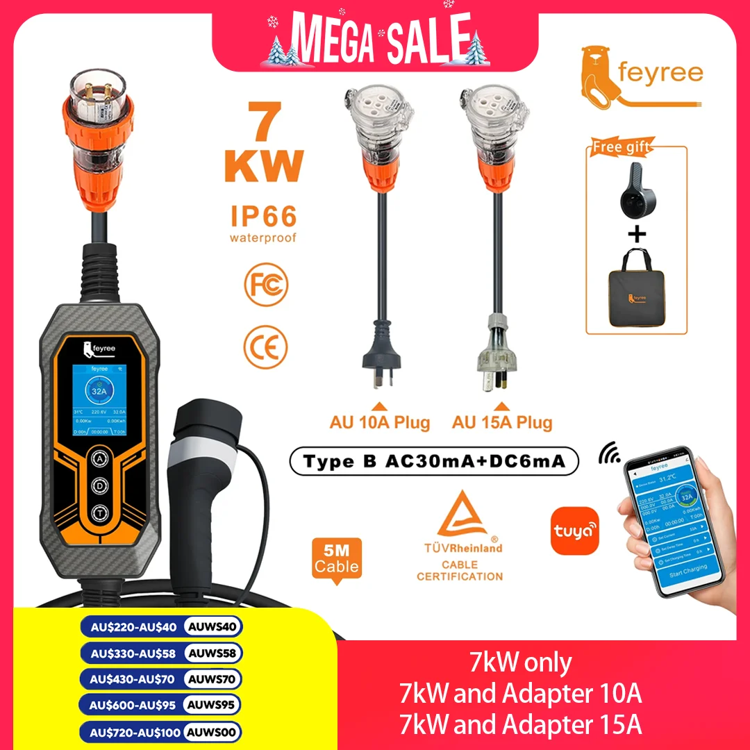 

feyree Portable EV Charger Type2 32A 7KW with AU Plug Power Supply Side Smart WiFi APP Adjust Current Timing Charging for EV Car