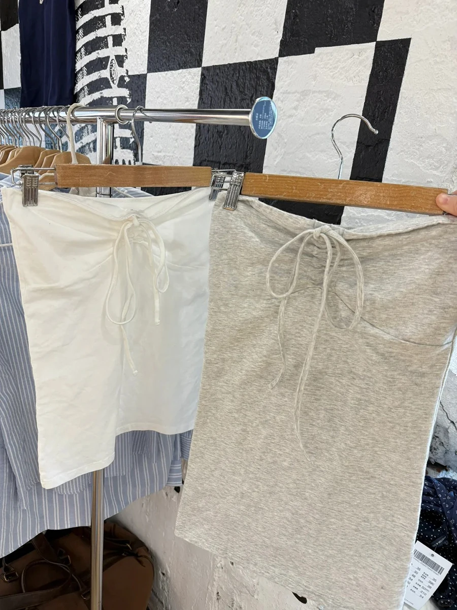 Solid Cotton Drawstring Strapless Tank Tops Women Streetwear Side Split Slim Cropped Vest Summer Sweet Vintage Chic Camis Y2K