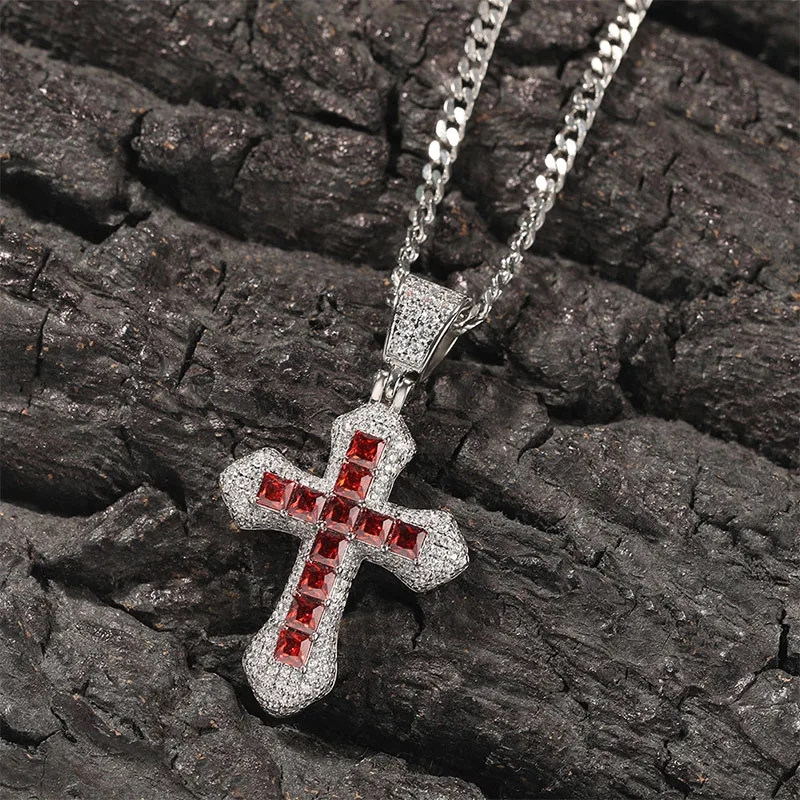 Blue Zircon Cross Necklace Hip-hop Fashion Heavy Work Diamond Multi-color Optional Wild Sweater Chain Factory Direct Sales