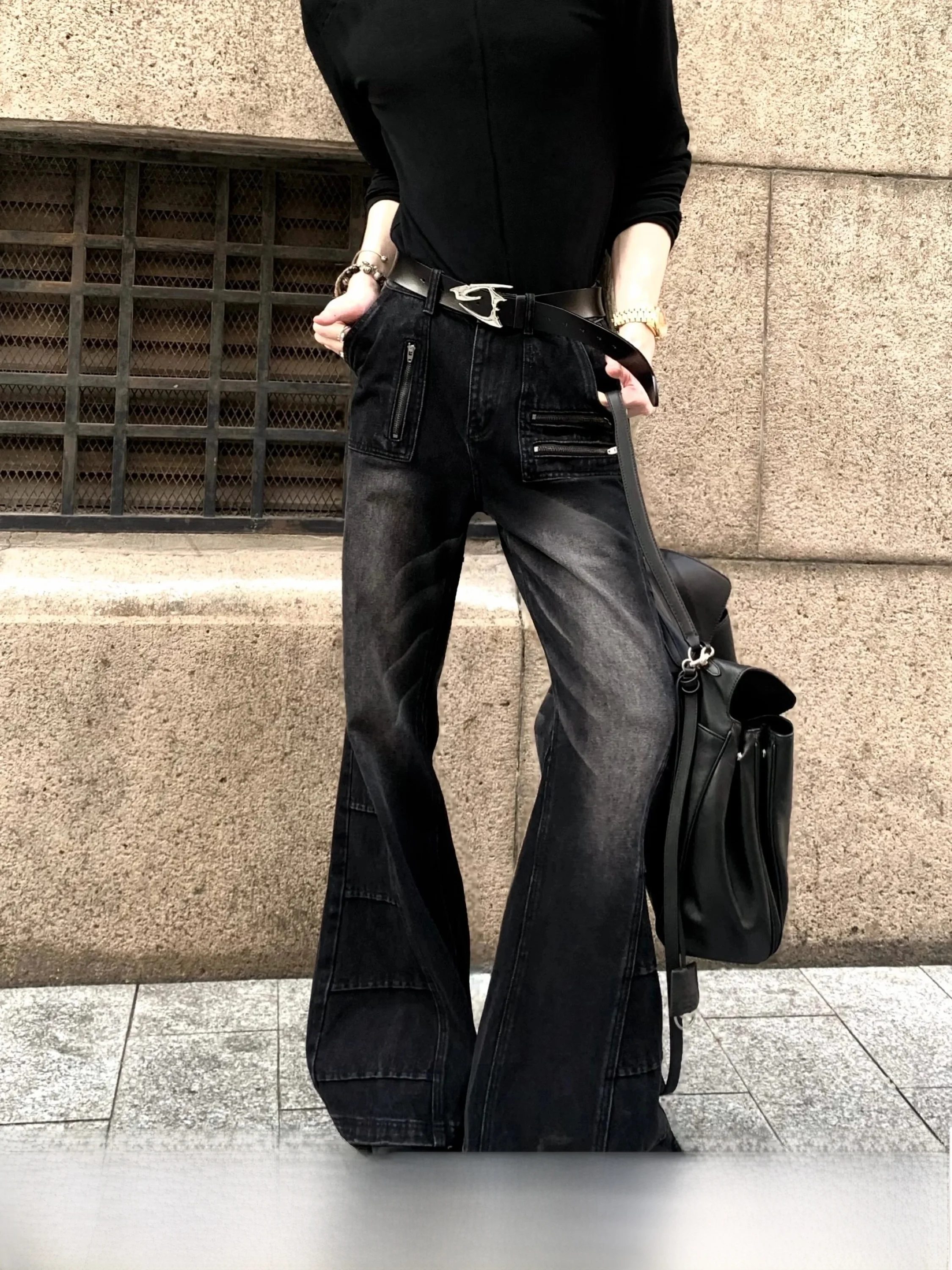 Washed Black Punk Style Men's Jeans High Waist Zipper Decorated Pleated Dark Washed out Distressed Straight Leg Trousers
