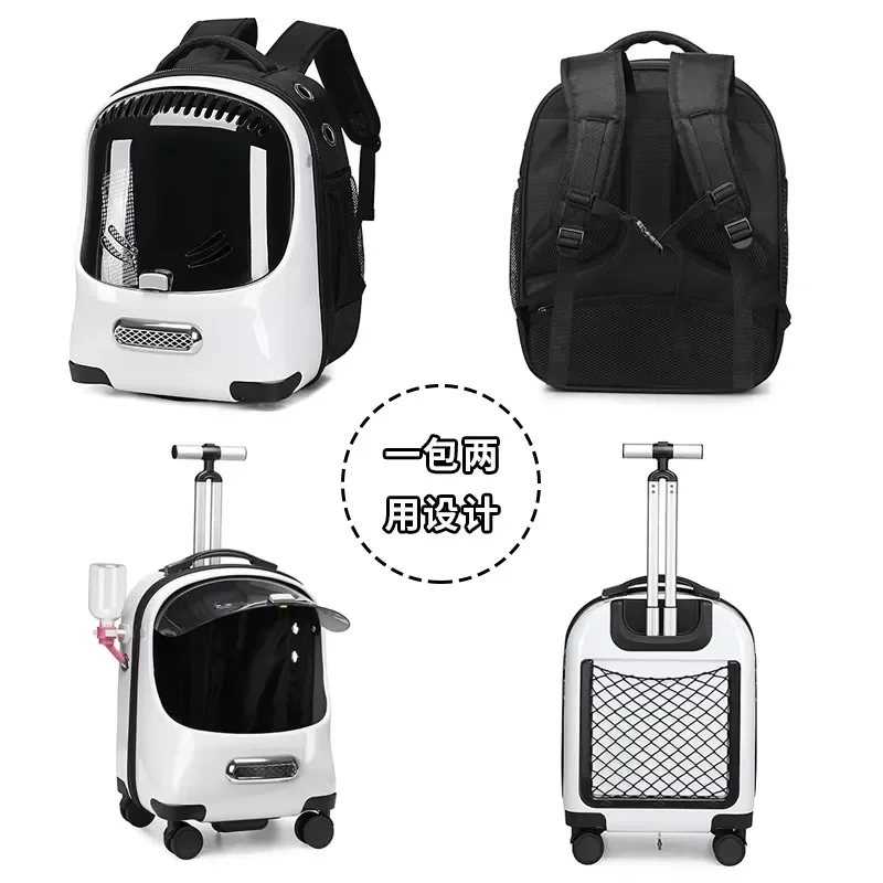 Portable Pet Trolley with Wheels Convertible Cat Backpack Carrier for Travel Outdoor Walking Breathable Mesh Dog Cat Bag