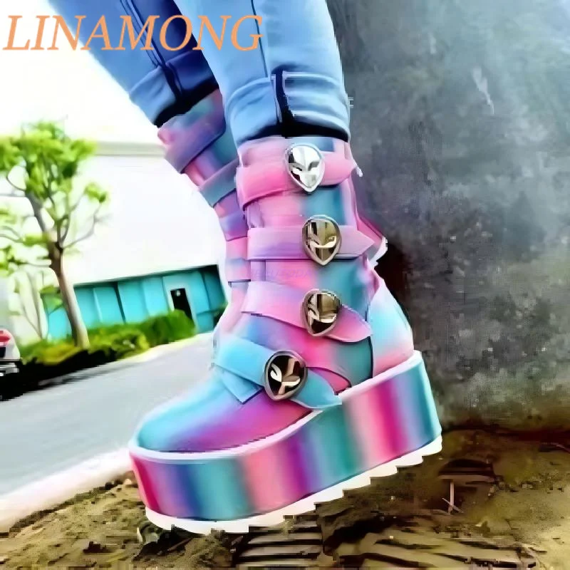

Colorful Thick Soled Short Boots Beautiful Colors Bright Leather Multiple Belt Buckles Ultra-High Water Platform Ankle Boots
