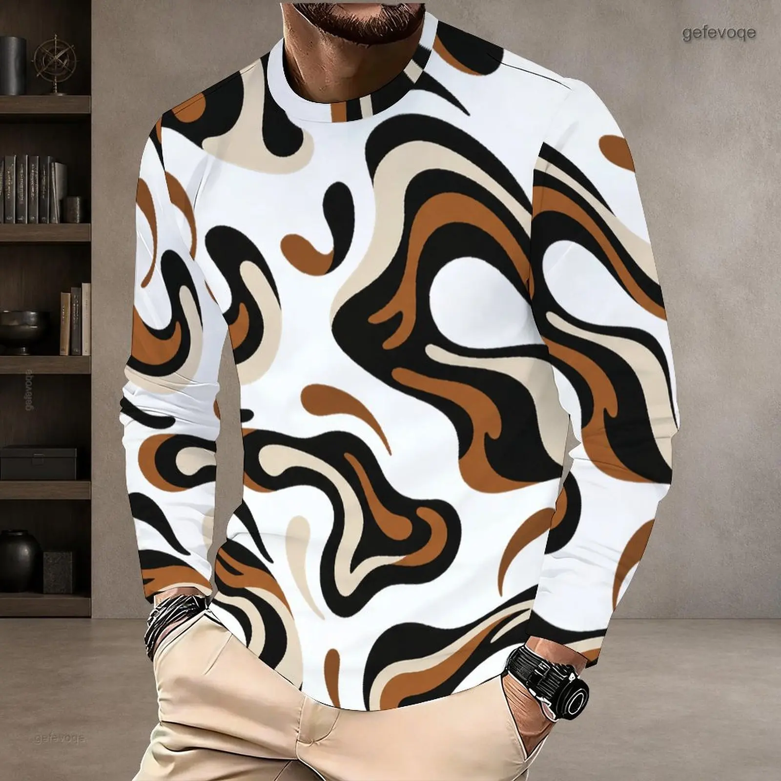 Men White Black Brown Beige Abstract Swirl Printed Round Neck Long Sleeve T Shirt