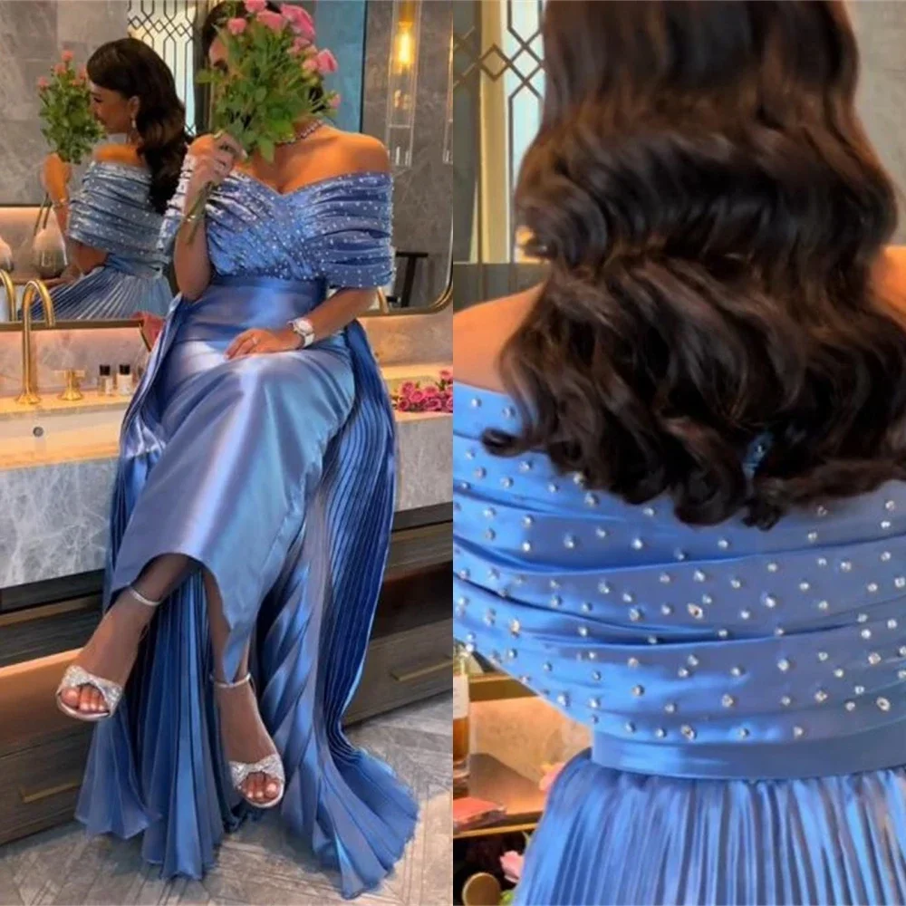 Customized Prom Dresses Elegant Off the Shoulder Sheath Sequin Ruched Party Dress Floor Length Sleeve Formal Evening Gowns Fashi