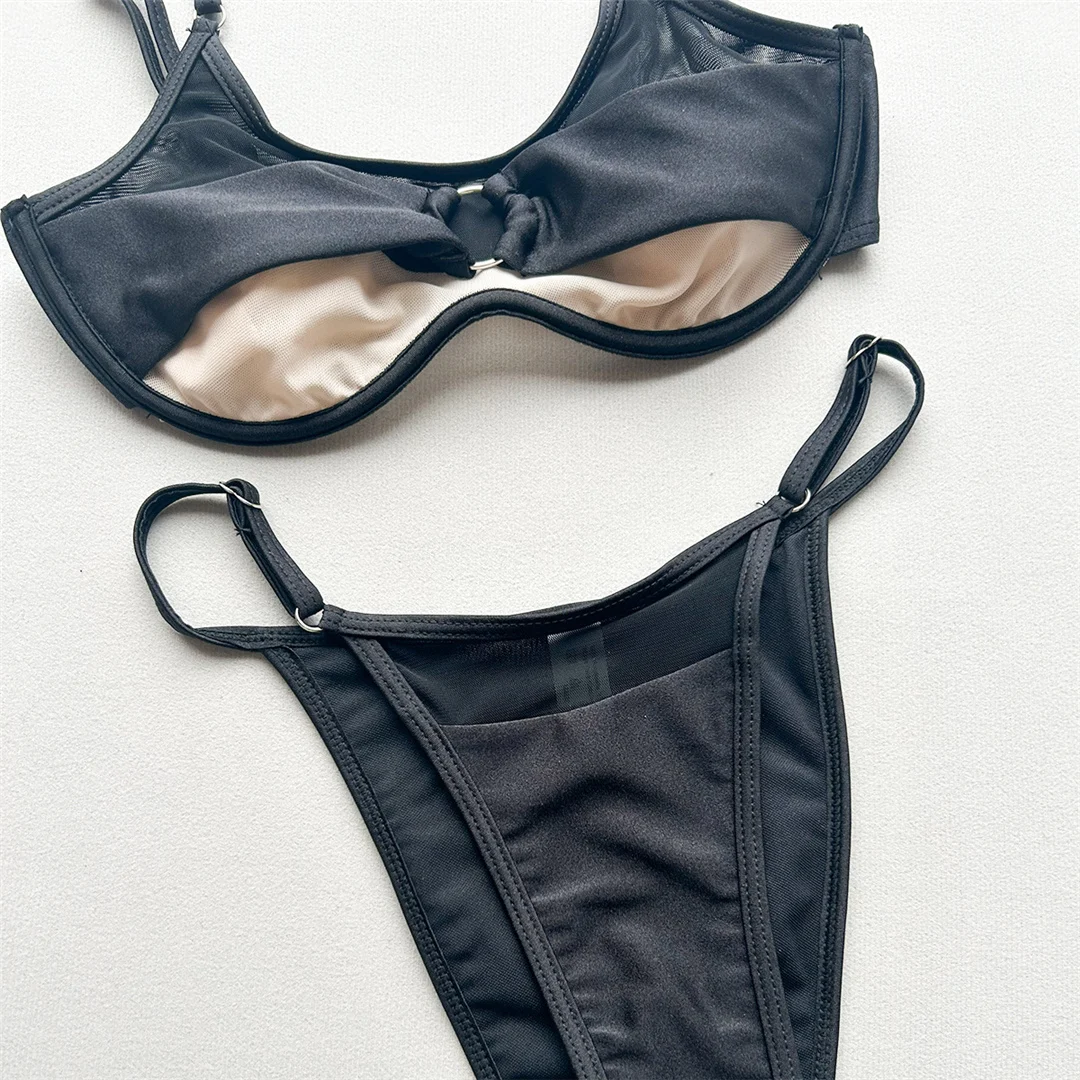 Neuer, transparenter Bikini mit Mesh-Einsätzen, Damen-Badeanzug, zweiteiliges Bikini-Set, Badeanzug mit hohem Beinausschnitt, Badebekleidung, Modell V7742. – Detail 3