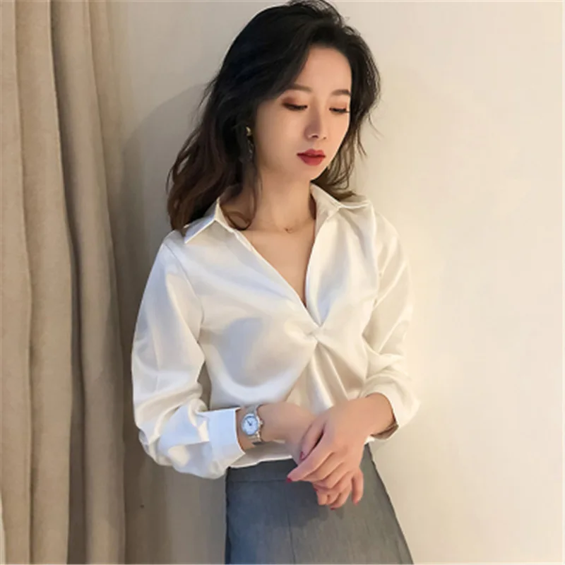 White Shirt Women V-Neck Solid OL Blouse Office Ladies Elegant Slim Long Sleeve Tops s37