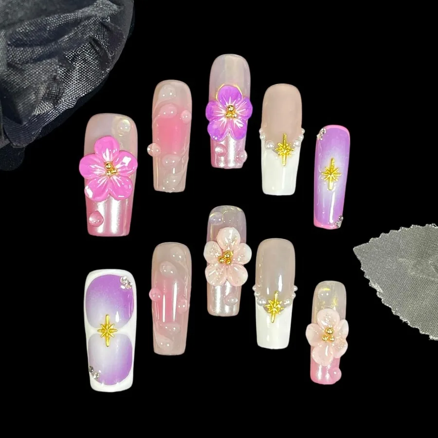 Handmade Press On Nails Medium Long Square Pink 3D Sakura Design Reusable French Acrylic Fake Nails with Gold Stars Pearls for