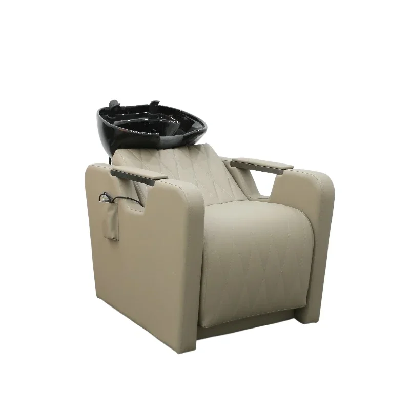 Japanese-style black PU leather shampoo chair with white bowl massage hair spa and barber shop face wash chair