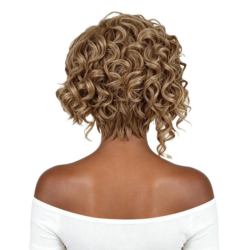 Side Part Short Curly Wig For Black Women Ash Brown with Blonde Highlights Heat Resistant Synthetic Full Head Wig Daily Party