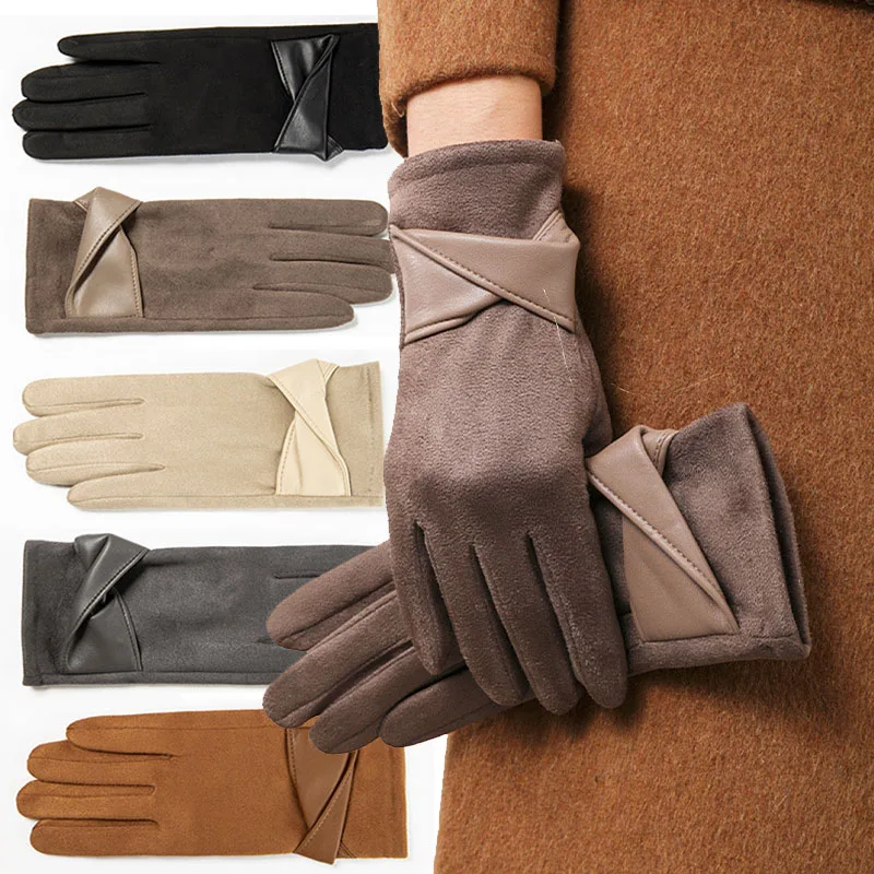 

Ветрозащитные зимние перчатки с сенсорным экраном, женские простые элегантные бархатные теплые перчатки, толстые антихолодные термозащитные уютные уличные перчатки для верховой езды