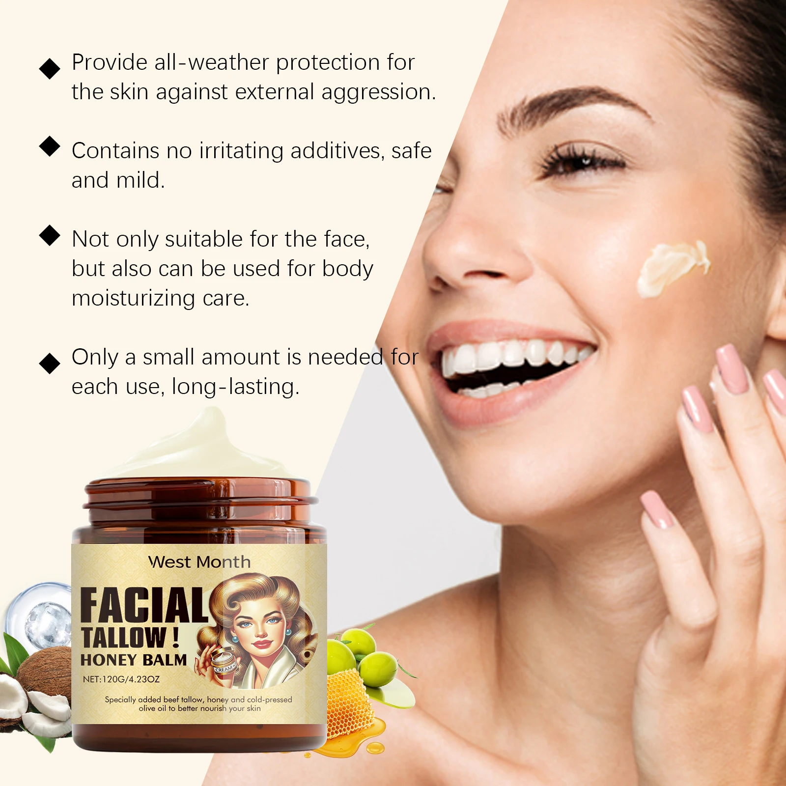 Beef Tallow Face Cream Grass Fed Lasting Moisturizing Skin Firming Increase Elasticity Repair Damaged Skin Soothing Skincare