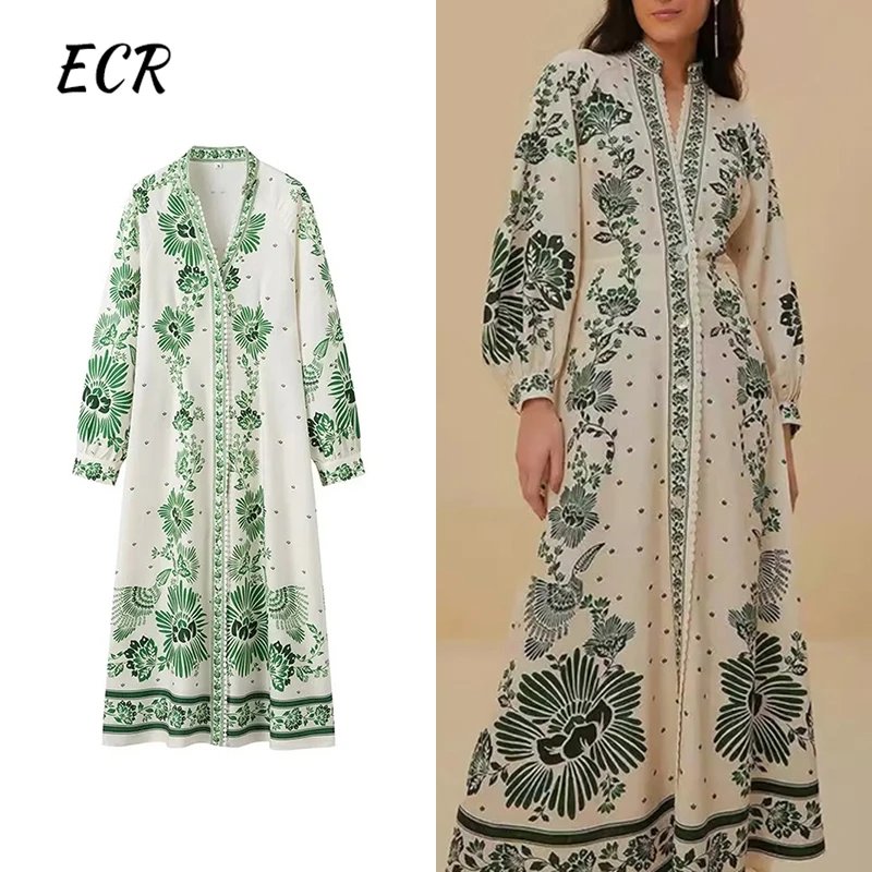 

ECR Hit Color Printing Looae Dresses For Wmen V Neck Long Sleeve High Waist Spliced Single Breasted Casual Dress Female Fashion