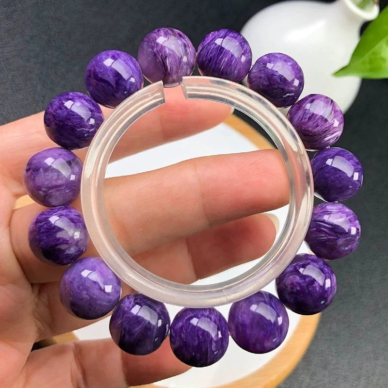 Natural Purple Charoite Round Beads Bracelet Stretch Russia 13.2mm Big Women Men Fashion AAAAAA