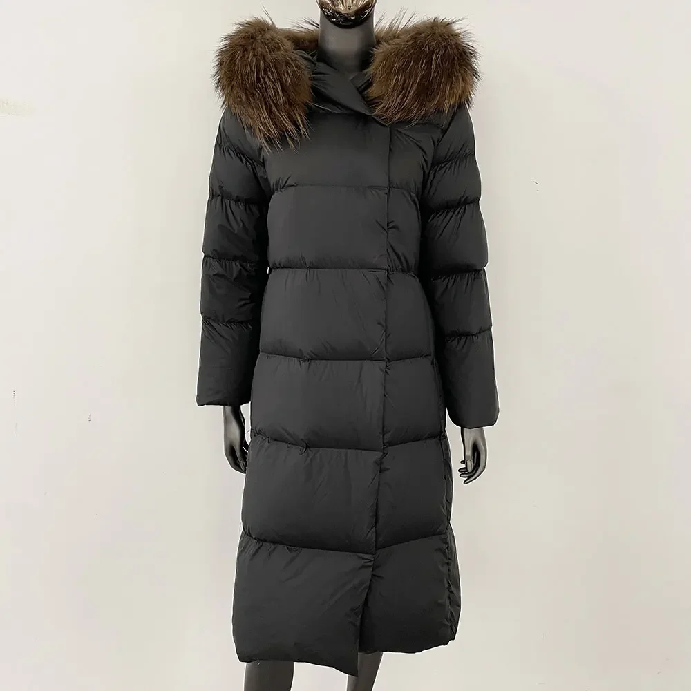 CXFS 2025 겨울 여성 코트 리얼 천연 여우털 칼라 두꺼운 따뜻한 롱 재킷 캐주얼 화이트 덕다운 벨트 신상 후드 아우터