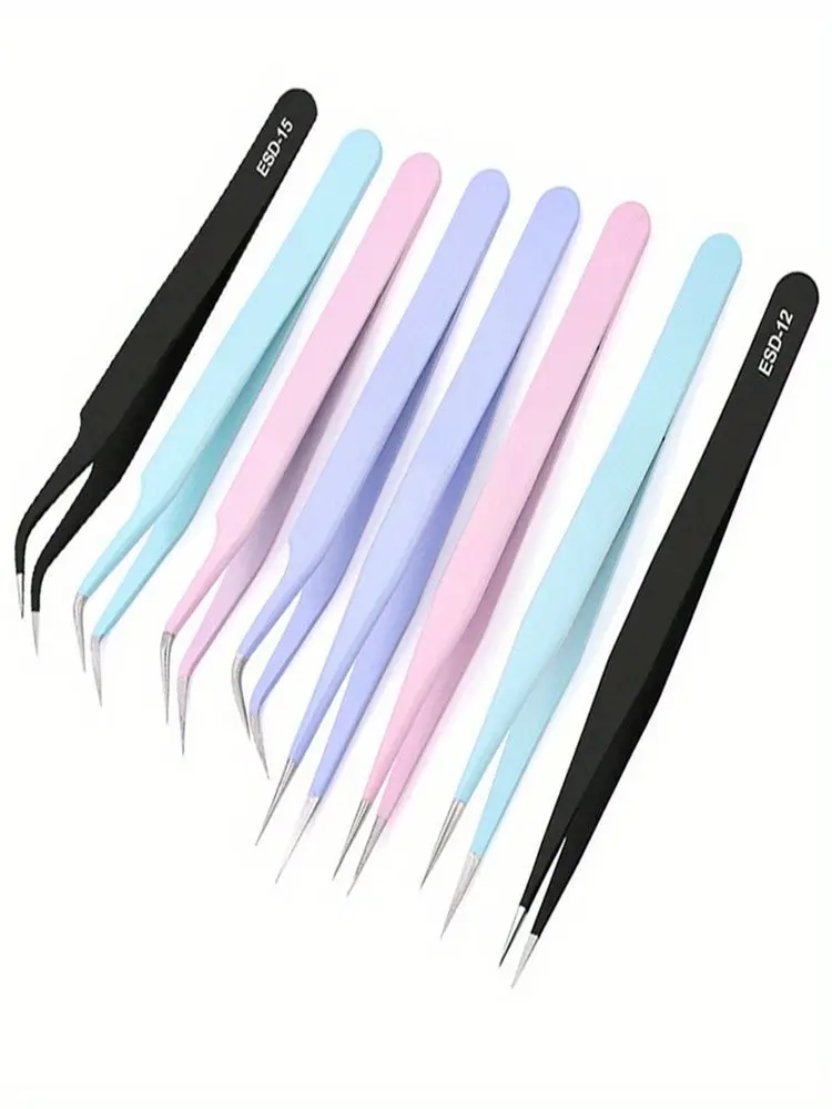 2Pcs/Set of Manicure Stainless Steel Elbow Tweezers Handbook Clip Picking Hair Nail Art Grafting Eyelashes Straight Head Tweezer