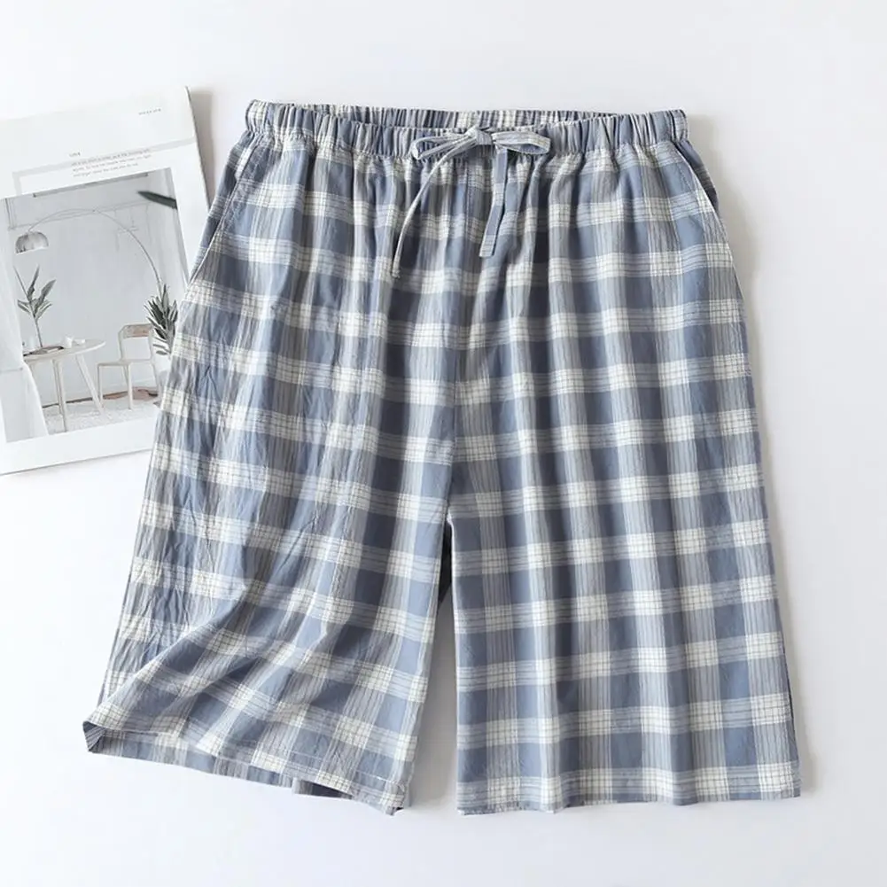 Regular Fit Men Shorts Men Printed Shorts Japanese Style Plaid Print Men's Summer Shorts with Elastic Waist Side Pockets