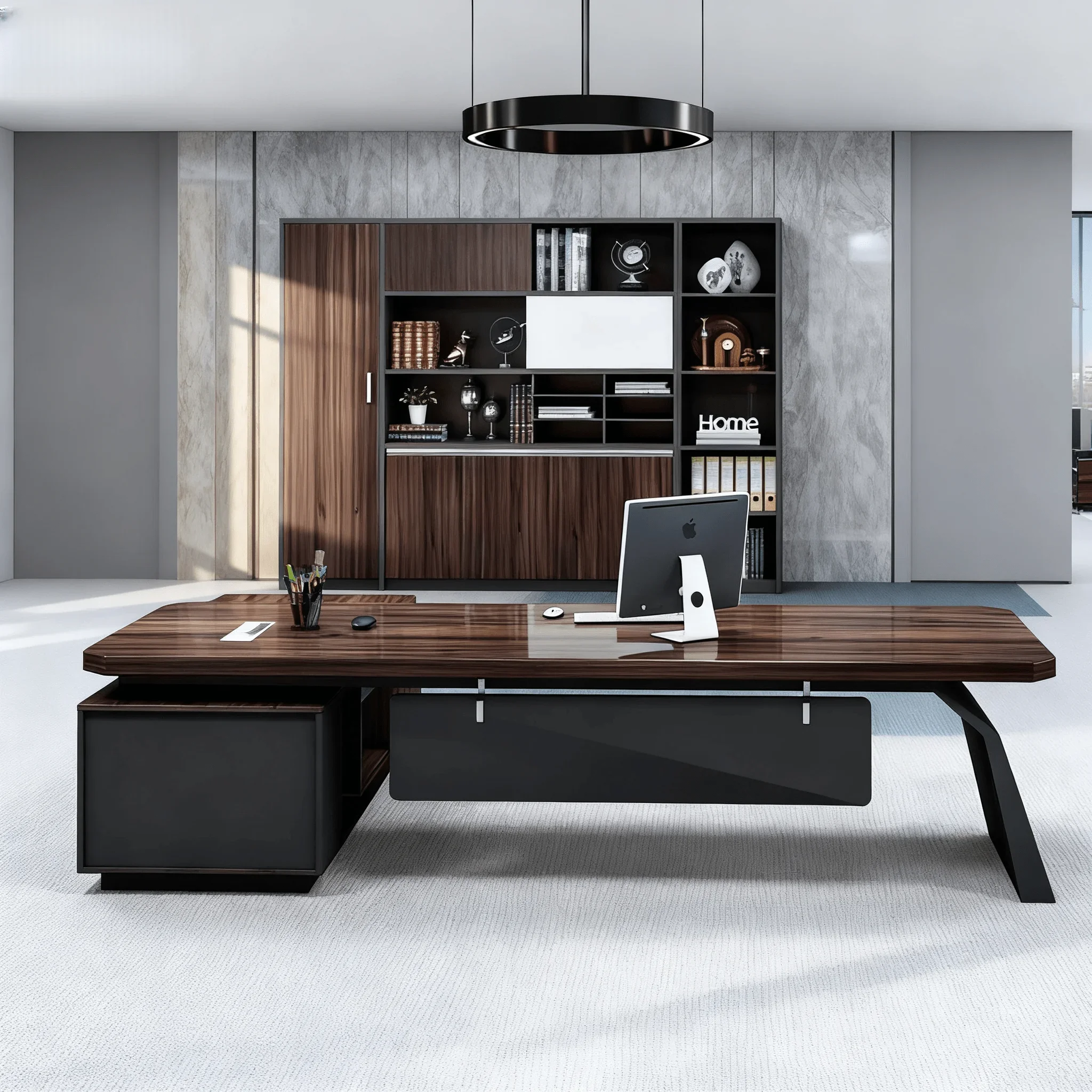 Modern executive business desk, wooden computer desk with storage, suitable for home office luxury