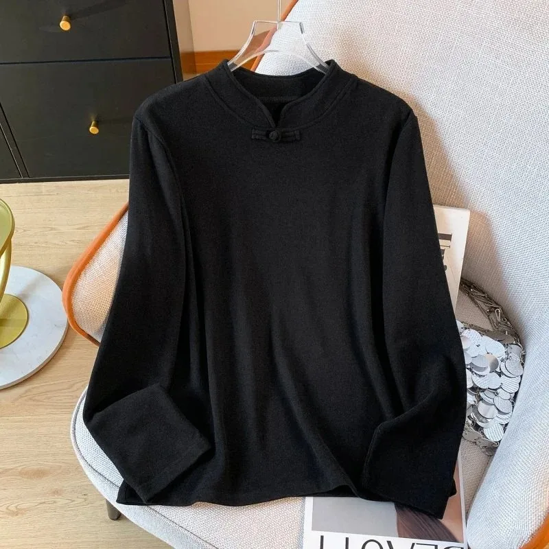 Women New Chinese Style Frog Button De Rong Long Sleeve Top Fleece Lined Warm Inner Shirt For Autumn Winter