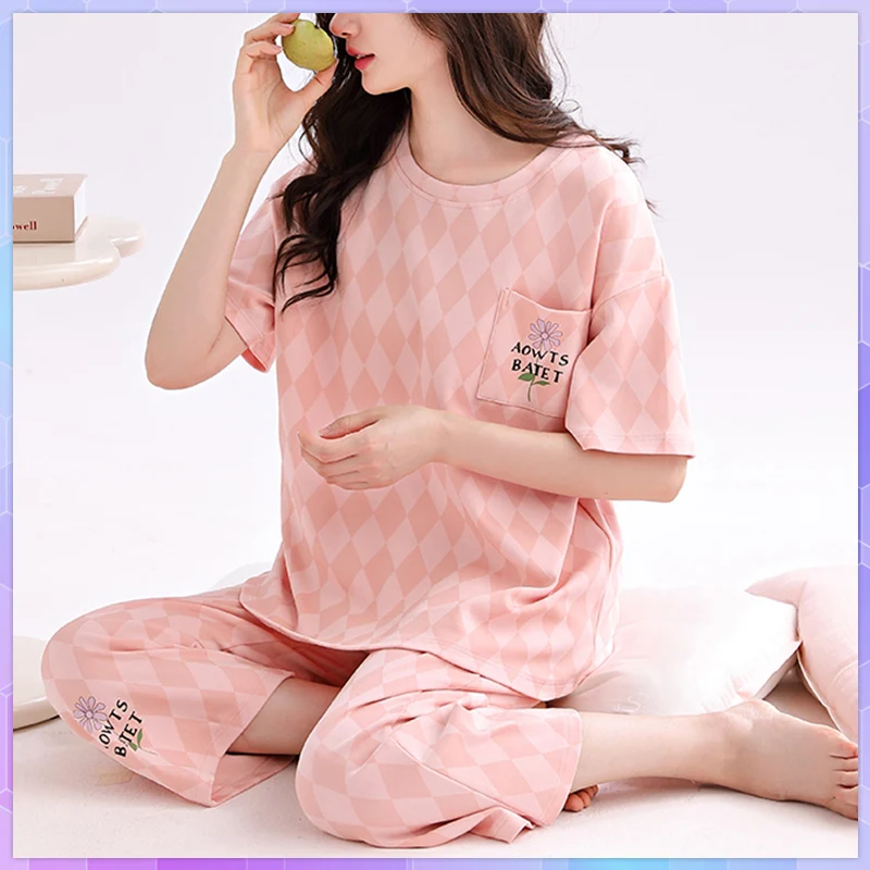 M-3Xl Big Size Women's Cotton Pajamas With Paded Set Summer Thin Skin-Friendly Cute Pajama For Girls Plaid Pants Home Wear Suit