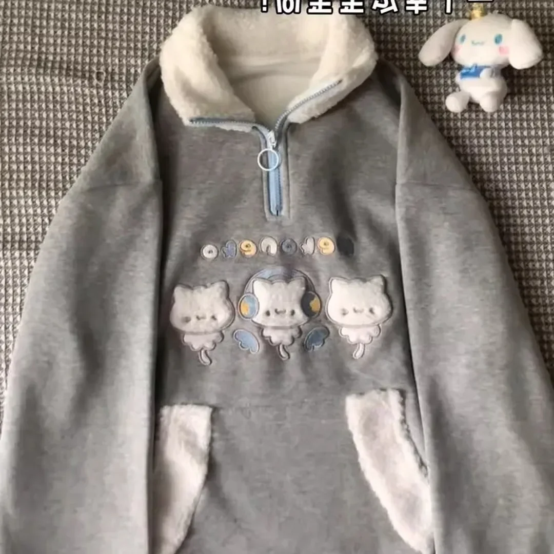 

Универсальное японское пальто Kawaii для колледжа с бархатным воротником-стойкой и полуцепочкой из овечьей шерсти с капюшоном