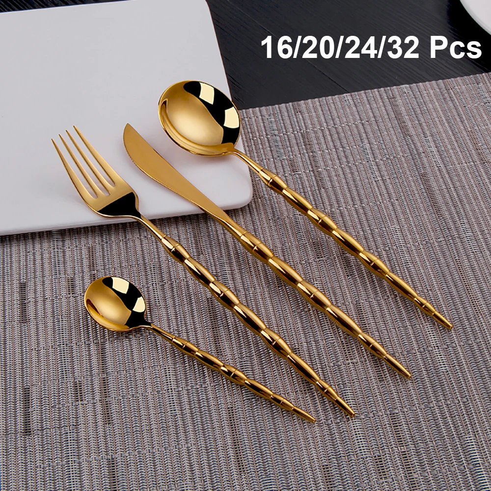 

20/24/32 Pieces Gold Cutlery Knife Fork Spoon Set Stainless Steel Western Tableware Sliver Dinnerware Mirror Kitchen Utensils