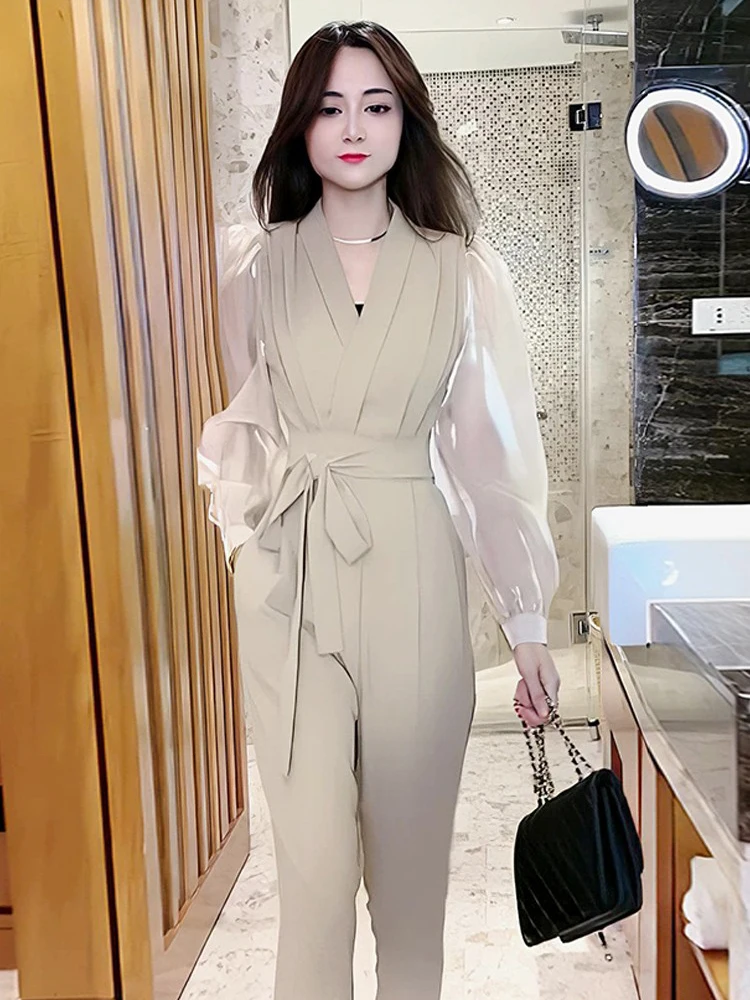 Faionable com cinto bolha calças de uma peça feminina primavera outono emagrecimento cintura-emagrecimento perna larga macacão ele sle