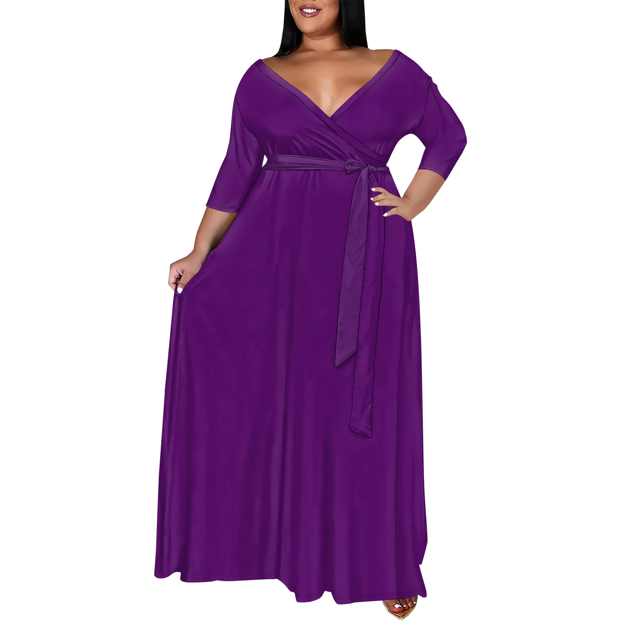 

Women's Plus Size Maxi Dresses Casual Loose Short Sleeve Long Maxi Dress with Belt Wedding